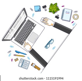 Office desk workspace top view with hands of office employee or entrepreneur, laptop computer and diverse stationery objects for work. All elements are easy to use separately. Vector illustration.