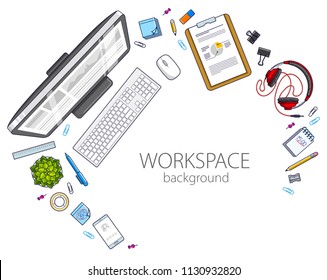 Office desk workspace top view with PC computer and diverse stationery objects for work with copy space for text. All elements are easy to use separately or recompose the illustration. Vector.