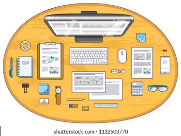 Office desk workspace top view with PC computer and analytics papers with graphs and data and stationery objects on table. All elements are easy to use separately or recompose illustration. Vector.