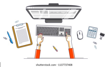 Office desk workspace top view with hands of office employee or entrepreneur, PC computer and diverse stationery objects for work. All elements are easy to use separately. Vector illustration.