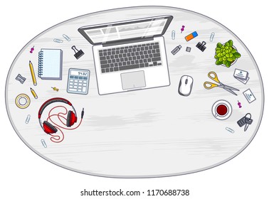 Office desk workspace top view with laptop computer and diverse stationery objects for work with copy space for text. All elements are easy to use separately or recompose the illustration. Vector.