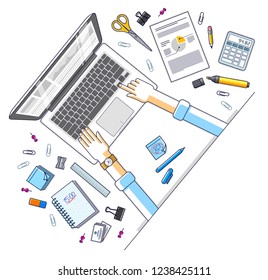 Office desk workspace top view with hands of office employee or entrepreneur, laptop computer and diverse stationery objects for work. All elements are easy to use separately. Vector illustration.