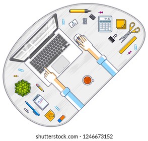Office desk workspace top view with hands of office employee or entrepreneur, PC notebook and diverse stationery objects for work. All elements are easy to use separately. Vector illustration.