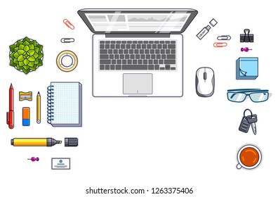 Office desk workspace top view with laptop computer and diverse stationery objects for work isolated, overhead look. All elements easy to use separately or recompose the illustration. Vector.