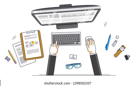 Office desk workspace top view with hands of office employee or entrepreneur, PC computer and diverse stationery objects for work. All elements are easy to use separately. Vector illustration.