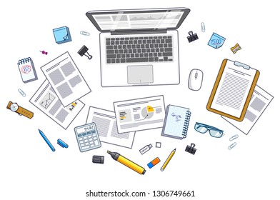 Office desk workspace top view with PC notebook and analytics papers with graphs and data and stationery objects on table. All elements are easy to use separately or recompose illustration. Vector.