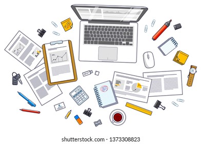 Office desk workspace top view with laptop computer and analytics papers with graphs and data and stationery objects on table. All elements easy to use separately or recompose illustration. Vector.