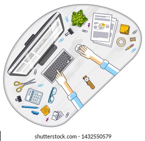 Office desk workspace top view with hands of office employee or entrepreneur, PC computer and diverse stationery objects for work. All elements are easy to use separately. Vector illustration.
