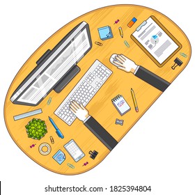 Office desk workspace top view with hands of office employee or entrepreneur, PC computer and diverse stationery objects for work. All elements are easy to use separately. Vector illustration.