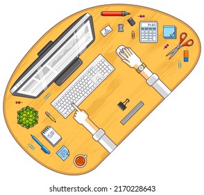 Office desk workspace top view with hands of office employee or entrepreneur, PC computer and diverse stationery objects for work. All elements are easy to use separately. Vector illustration.