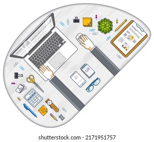 Office desk workspace top view with hands of office employee or entrepreneur, PC notebook and diverse stationery objects for work. All elements are easy to use separately. Vector illustration.