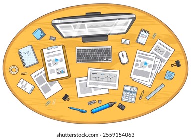 Office desk workspace top view with PC computer and analytics papers with graphs and data and stationery objects on table. All elements are easy to use separately or recompose illustration. Vector.