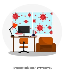 Office desks, orange desks, orange sofas and coronavirus (COVID-19) are used in the media on the topic of working at home in a viral crisis.