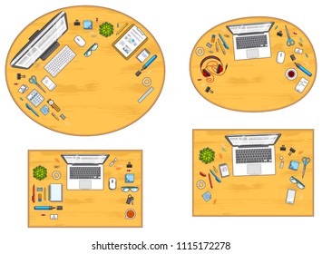 Office desks workspaces top view with PC and laptops  and diverse stationery objects for work, overhead look. All elements are easy to use separately or recompose the illustrations. Vector set.