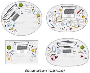 Office desks workspaces top view with PC and laptops  and diverse stationery objects for work, overhead look. All elements are easy to use separately or recompose the illustrations. Vector set.