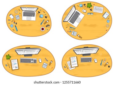 Office desks workspaces top view with PC and laptops  and diverse stationery objects for work, overhead look. All elements are easy to use separately or recompose the illustrations. Vector set.