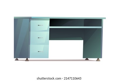 Office desktop with boxes for papers and tools. Front view. Furniture in modern minimalist design. Cartoon style. Object isolated on white background. Vector.