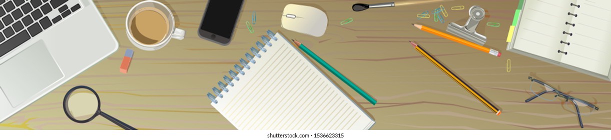 Office desktop computer. Desk top view background vector. Supplies. Workplace designer. Work desk table, workspace. Work place and  stationery.