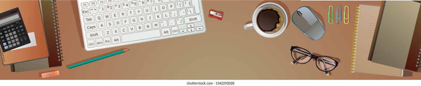 Office desktop computer. Desk top view background vector. Supplies. Workplace designer. Work desk table, workspace. Work place and  stationery.