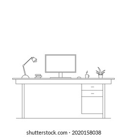 Office desktop with computer, lamp and other office supplies. Simple minimalist drawing of workspace on a white background. Empty space for text.