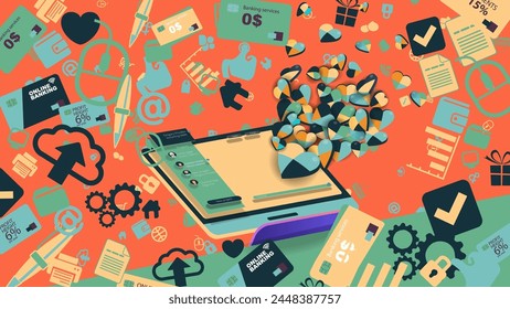 An office desktop computer with an on-screen interface and a pattern of icons and interface windows. Vector banner
