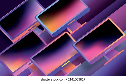 Office desktop computer screens on a dark background. Vector banner