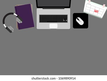 Office desktop flat vector illustration on black background and copy space.