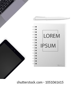 Office desktop with isolated computer keyboard, notebooks,  typing, top view. Vector flat illustration. Freelance.Realistic Laptop set, tablet, notebook, desktop