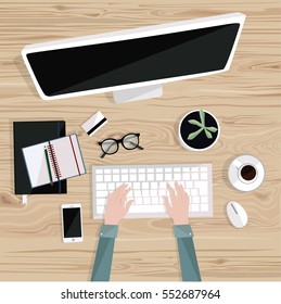 Office desktop with isolated computer screen, keyboard, notebooks, coffee, glasses, credit card and freelancer's hands typing, top view. Wood background. Vector flat illustration. Freelance.