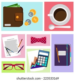 Office desktop with item icons. Concept of office work calculator, coffee, cup, glasses, purse
