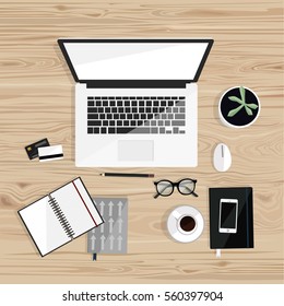 Office desktop with laptop, notebooks, glasses, mobile phone, credit cards and cup of coffee isolated on  Wood background. Top view. Hand drawn vector flat illustration. 