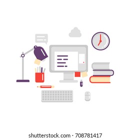 Office desktop objects and equipment. Business work flow elements and items. Vector illustration in simple flat style on white background.