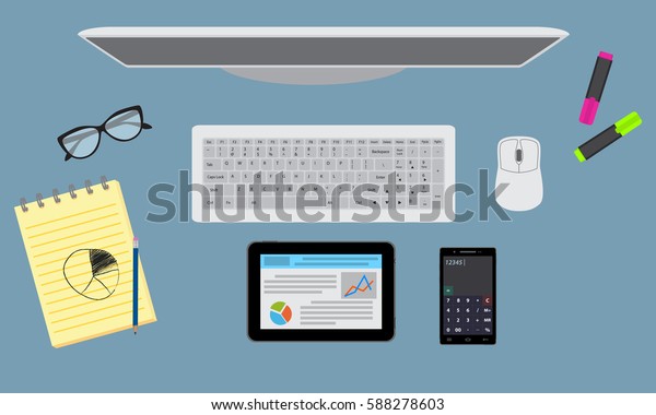 Office Desktop Organization Stationary Monitor Tablet Stock Vector