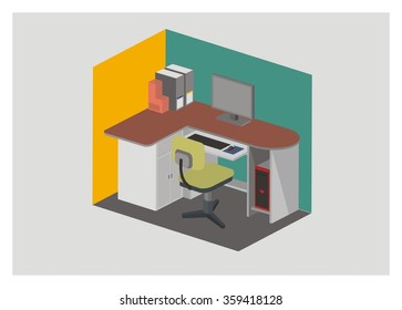 office desktop simple illustration, isometric chair and workspace