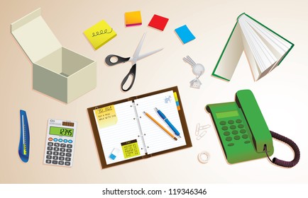 Office desktop with typical equipment, illustration