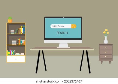 Office desktop vector illustration with google search concept