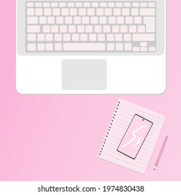 Office desktop vector template. Laptop and smartphone on the table. Notepad and pencil. Office work. View from above. Modern vector illustration. Free space.