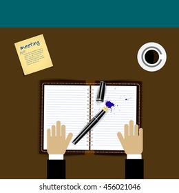 office desktop workspace with coffee and diary