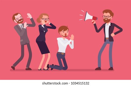 Office despot boss. Male ruler with absolute power and authority, crying with megaphone in a cruel and oppressive way at his team, tyrant and dictator. Vector flat style cartoon illustration
