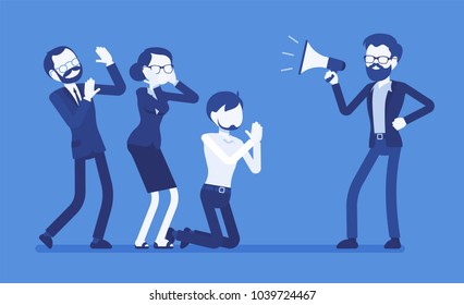 Office despot boss. Male ruler with absolute power and authority, crying with megaphone in a cruel and oppressive way at his team, tyrant and dictator. Vector illustration with faceless characters