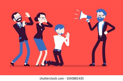 Office despot boss. Male ruler with absolute power and authority, crying with megaphone in a cruel and oppressive way at his team, tyrant and dictator. Vector illustration with faceless characters