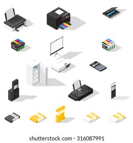 Office detailed isometric icon set vector graphic illustration