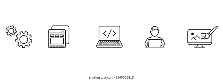 Office development team workspace setting gear web design coding interface icon vector illustration for software application programming project collaboration.