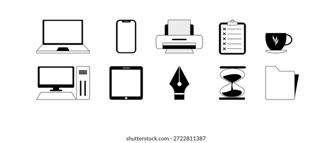 Office and device icon set featuring laptop, desktop, sma rtphone, tablet, printer, folder, clipboard, pen, pencil, hourglass, and coffee cup for modern workspace.