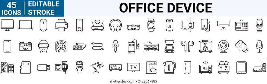 Office device line web icons. PC, such as RAM memory, hdd, ssd cpu processor. Keyboard mouse headphone speakers, laptop monitor server. Webcam, printer. Editable stroke.