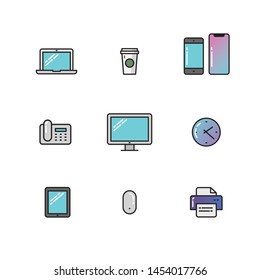 Office devices - colour vector icons set 