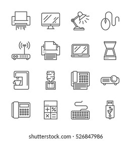 Dispositivos de Office Iconos ligeros relacionados con la línea fija aislados en fondo blanco. Concepto simple de logotipo de vectores de roca monocelulares para gráficos web. Trazo editable. 48x48 Pixel Perfecto.