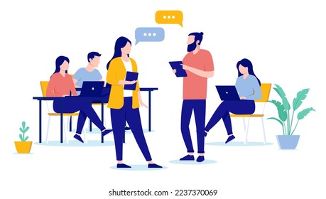 Office dialogue - People at work talking and discussing while working. Job communication concept, flat design vector illustration with white background