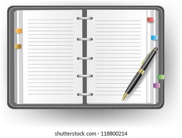 Office diary notebook and notepad organizer with line and a ballpoint pen, create by vector