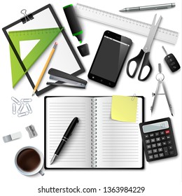 Office different supplies with work diary template